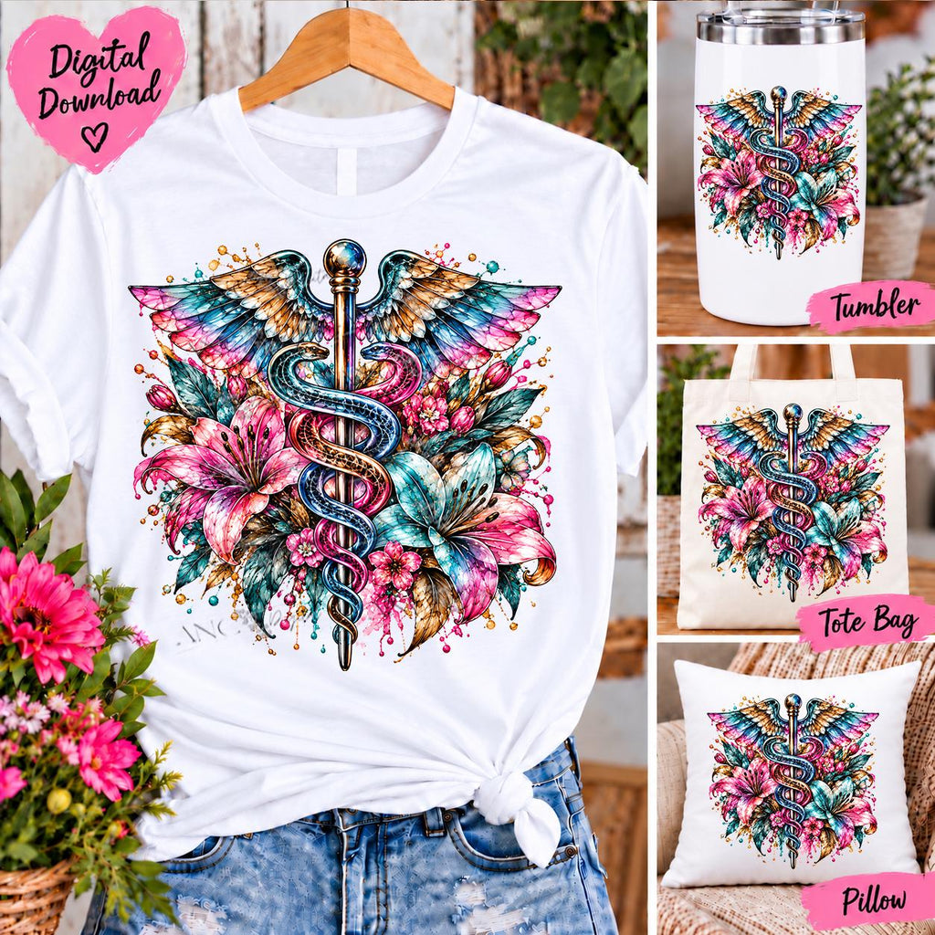 Nurse Emblem PNG, Floral Medical Sublimation Design, Colorful Caduceus PNG, Nurse Sublimation, Healthcare Worker Digital Download