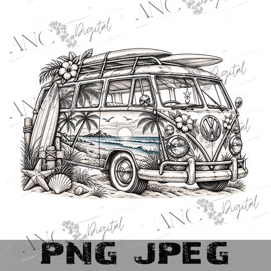 Vintage Camper  Bus Beach PNG, Surf Van Pencil Sketch, Coastal Sublimation Design, Retro Beach Van PNG, Summer Ocean Digital Download