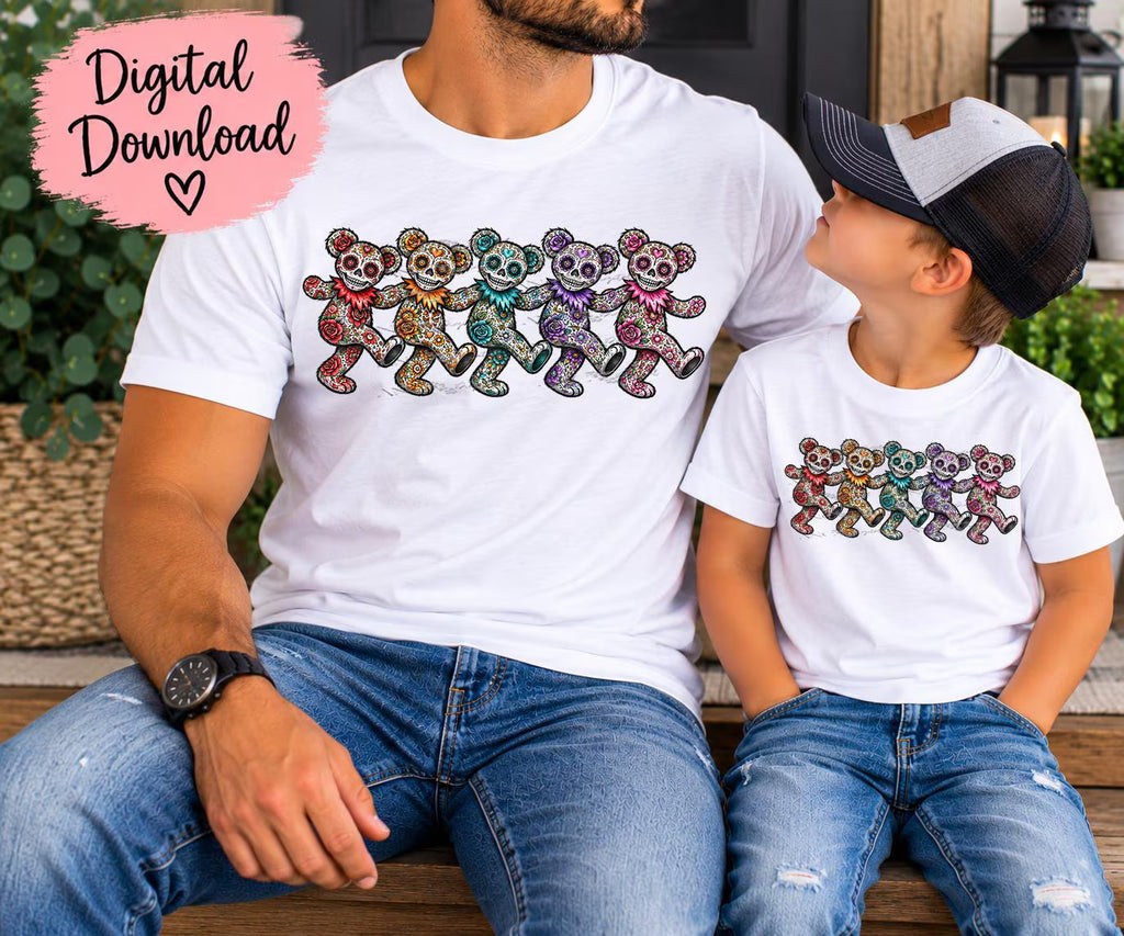 Day of the Dead Dancing Bears PNG, Sugar Skull Bear Sublimation Design, Colorful Dia de los Muertos Digital Download