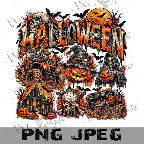 Halloween Sublimation PNG,  Spooky Halloween Design, Monster Truck Skeleton PNG, Pumpkin Skull Haunted House Digital Download