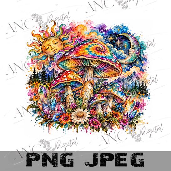 Psychedelic Mushroom PNG, Colorful Trippy Mushroom Sublimation Design, Celestial Sun Moon Art, Boho Hippie Digital Download