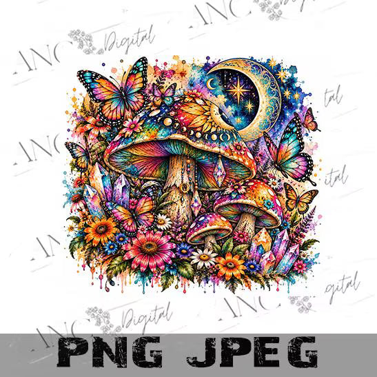 Psychedelic Mushroom PNG, Butterfly Sublimation Design, Celestial Moon Mushroom Art, Colorful Boho Hippie PNG, Trippy Digital Download