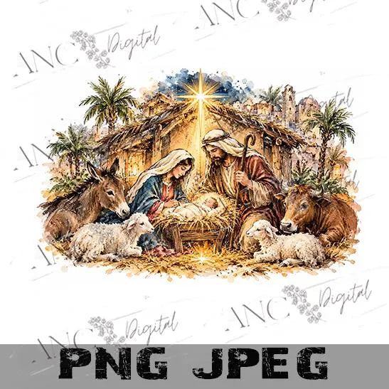 Christmas Nativity Scene PNG, Jesus Mary Joseph Sublimation Design, Hand Drawn Watercolor Manger, Christian Christmas Digital Download