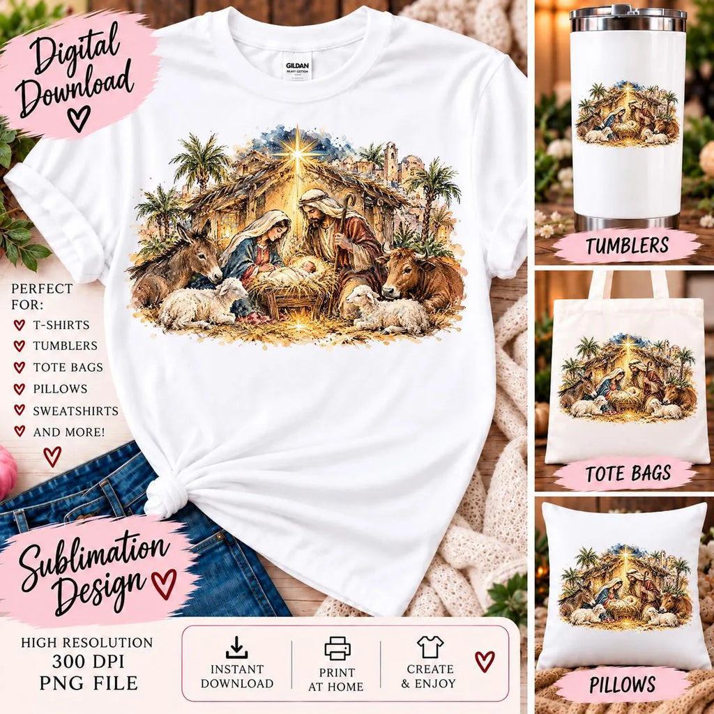 Christmas Nativity Scene PNG, Jesus Mary Joseph Sublimation Design, Hand Drawn Watercolor Manger, Christian Christmas Digital Download