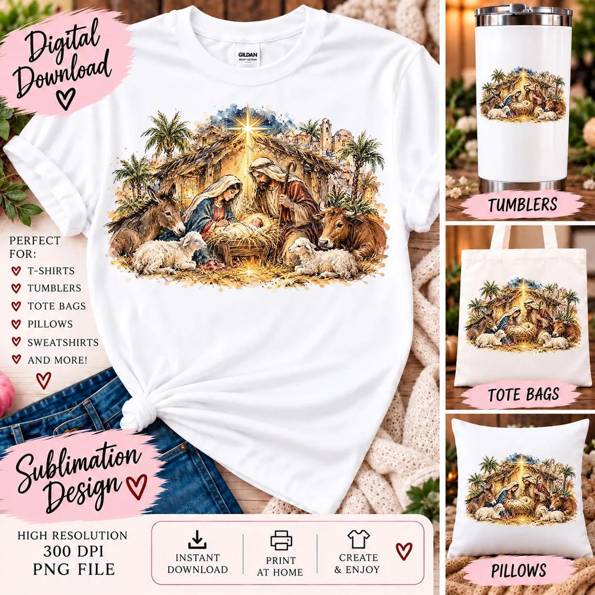 Christmas Nativity Scene PNG, Jesus Mary Joseph Sublimation Design, Hand Drawn Watercolor Manger, Christian Christmas Digital Download