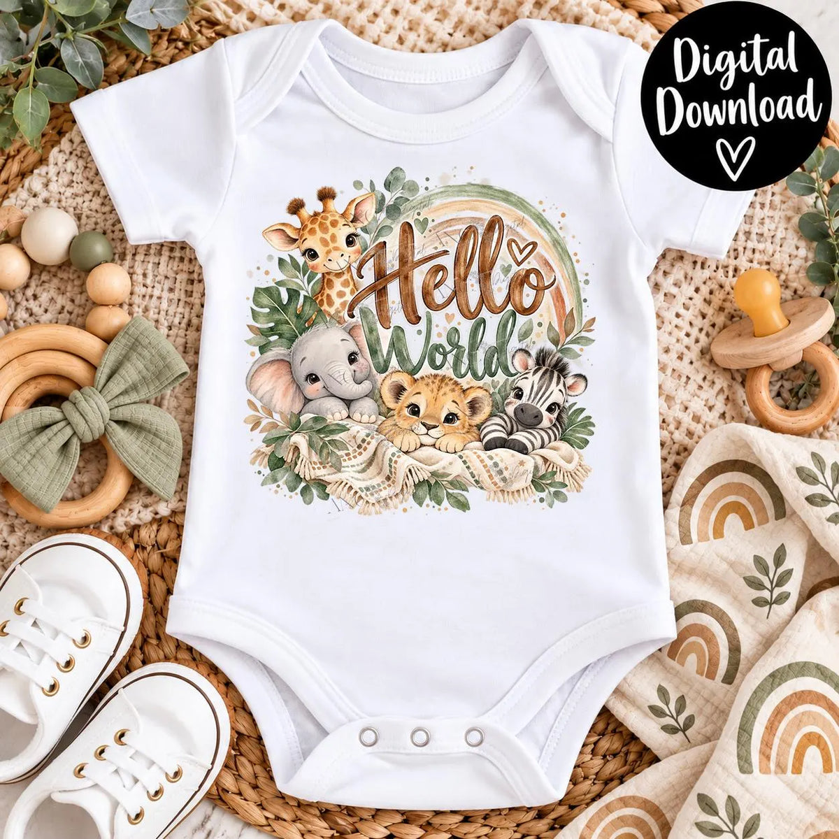 Hello World Baby Animals PNG | Safari Baby Sublimation Design | Gender Neutral Newborn PNG | Jungle Nursery Digital Download