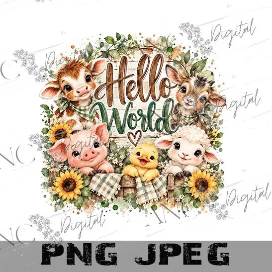 Hello World Farm Animals PNG | Baby Farm Sublimation Design | Newborn Announcement PNG | Gender Neutral Baby Digital Download