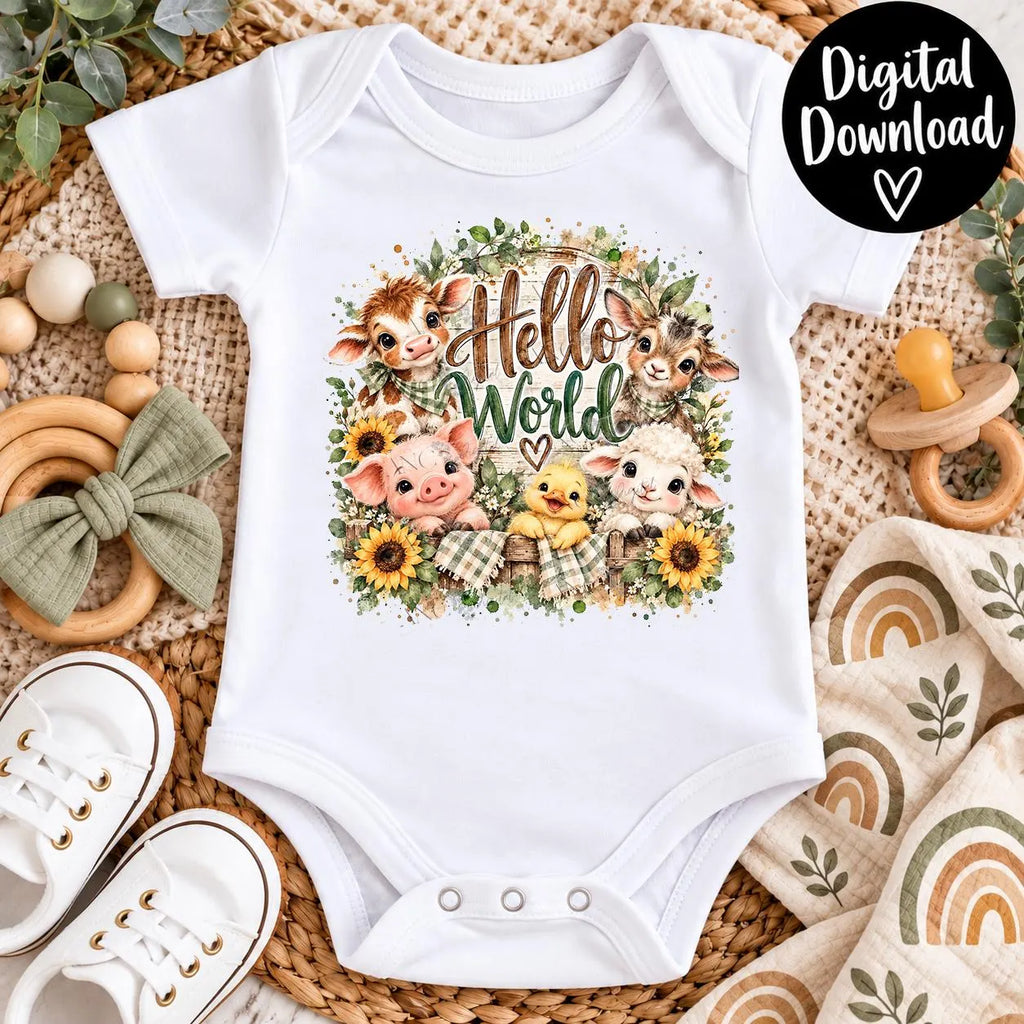 Hello World Farm Animals PNG | Baby Farm Sublimation Design | Newborn Announcement PNG | Gender Neutral Baby Digital Download