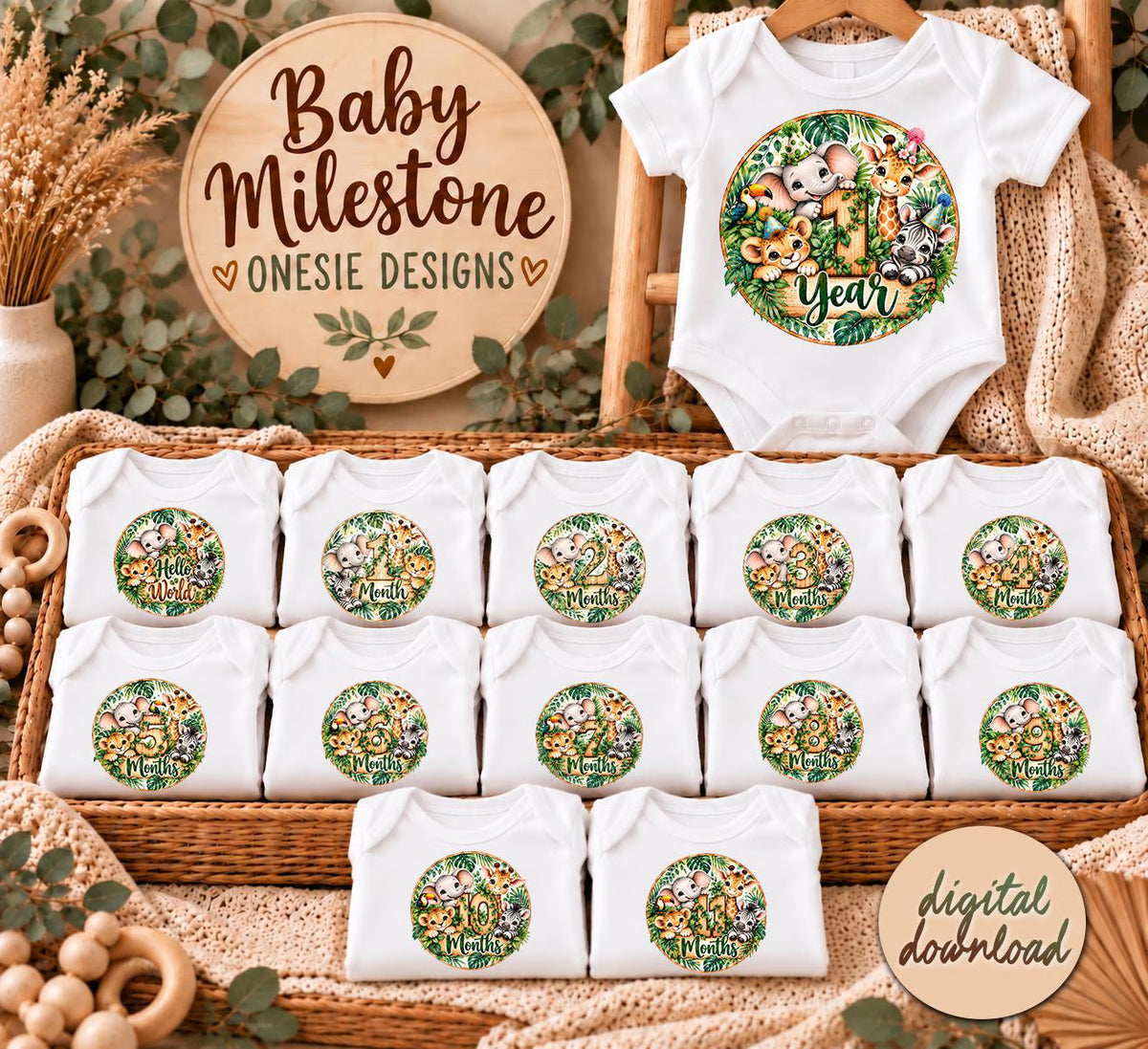Baby Milestone PNG Bundle, Safari Animals Monthly Milestone Digital Download, Jungle Baby 1-11 Months, 1 Year, Hello World Sublimation