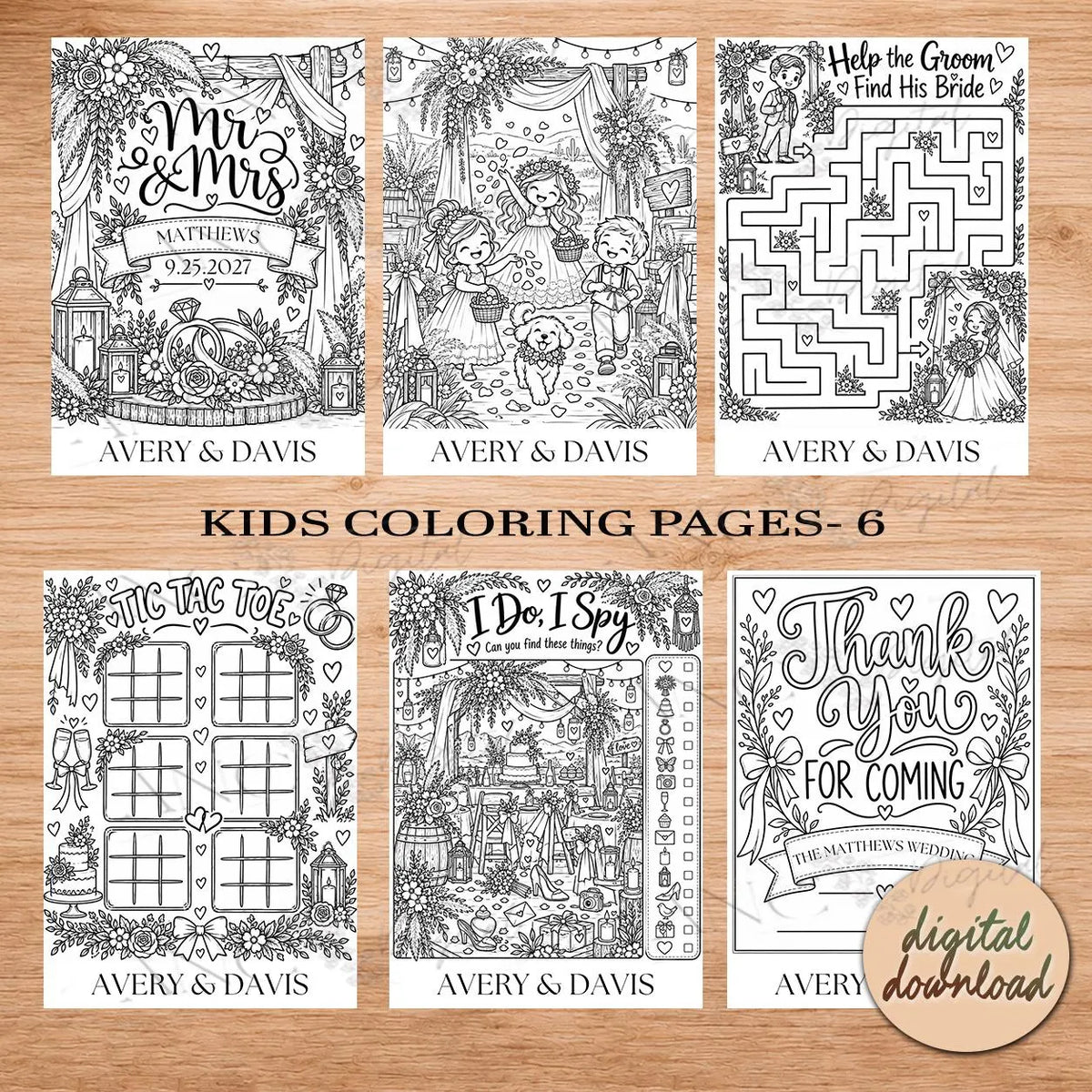 Boho Wedding Bundle Template, Rustic Wedding Invitation Set, RSVP Save the Date, Table & Menu Cards, Welcome Sign, Kids Coloring Pages