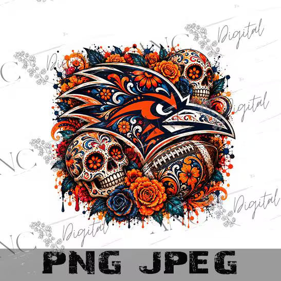 Day of the Dead Football PNG, Sugar Skull Bird Sublimation Design, Dia de los Muertos Football PNG, Orange Navy Sports Digital Download