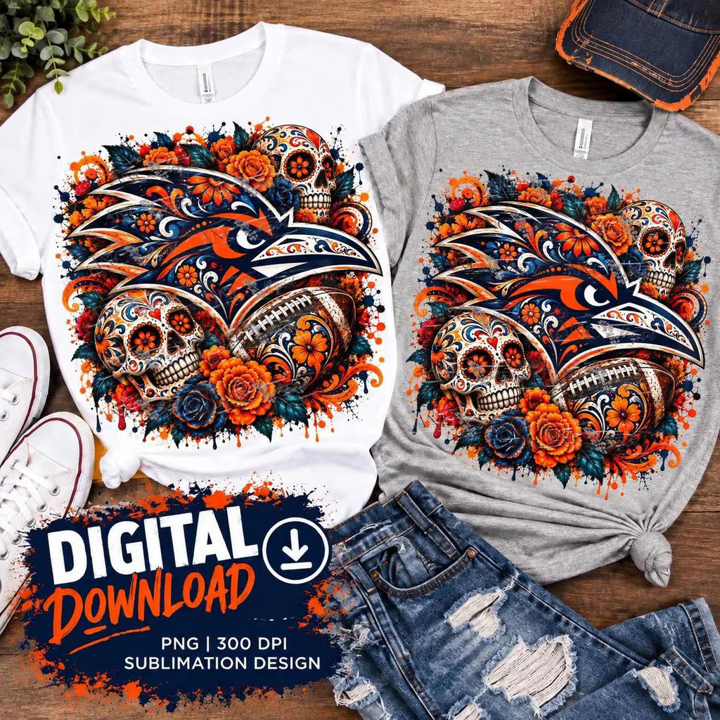 Day of the Dead Football PNG, Sugar Skull Bird Sublimation Design, Dia de los Muertos Football PNG, Orange Navy Sports Digital Download