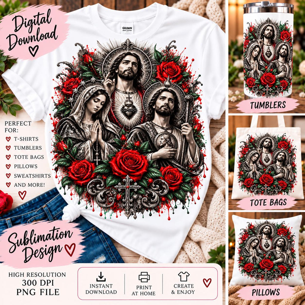 Jesus Virgin Mary San Judas Tadeo PNG, Catholic Religious Sublimation Design, Red Roses Christian PNG, Faith Digital Download