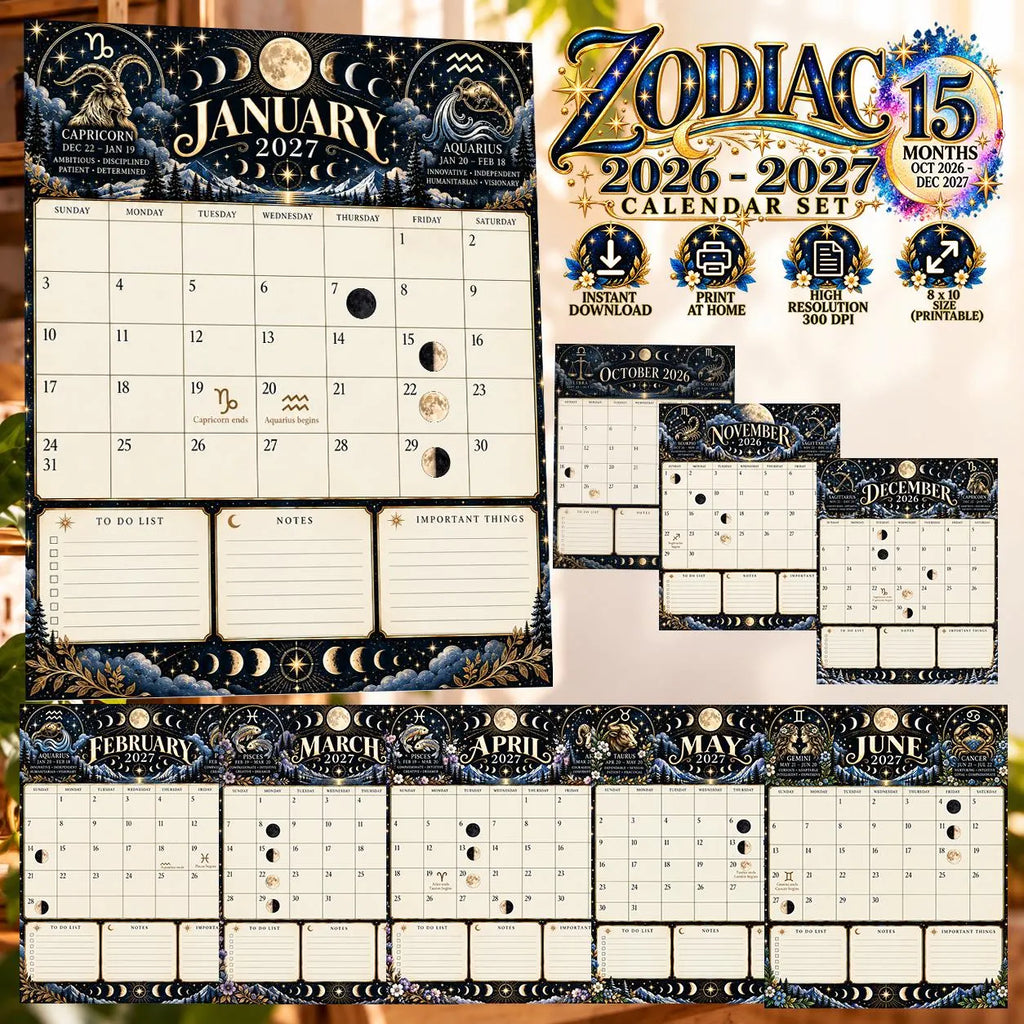 2026-2027 Zodiac Calendar Printable | Astrology Monthly Planner | Moon Phase Calendar | Digital Download Celestial Zodiac Planner