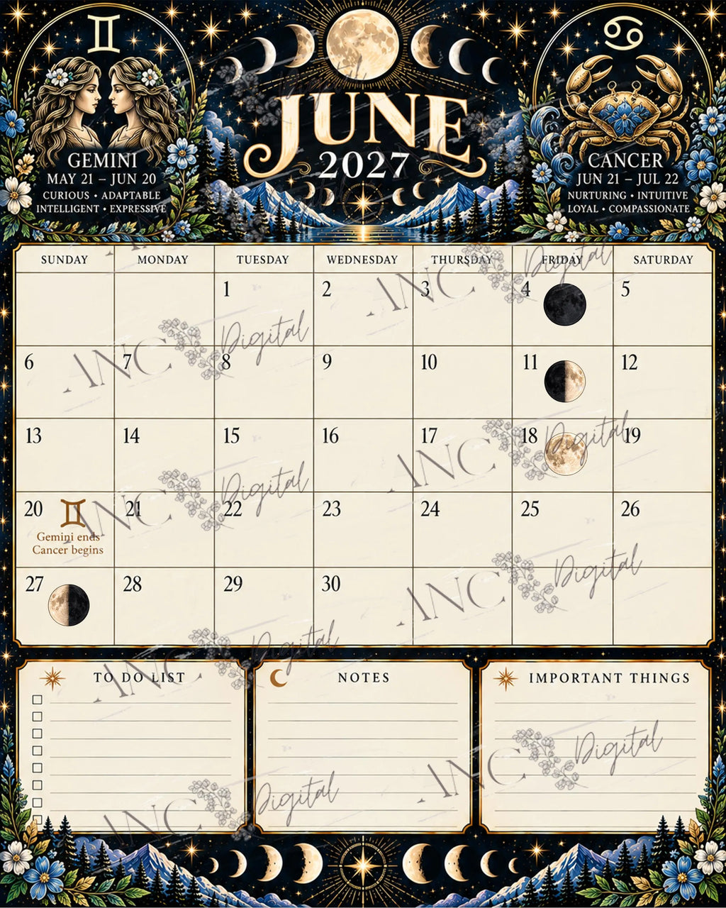 2026-2027 Zodiac Calendar Printable | Astrology Monthly Planner | Moon Phase Calendar | Digital Download Celestial Zodiac Planner