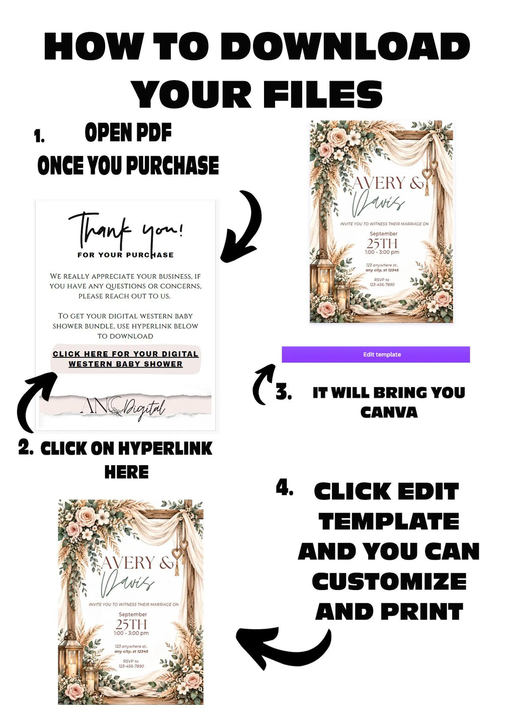 Boho Wedding Bundle Template, Rustic Wedding Invitation Set, RSVP Save the Date, Table & Menu Cards, Welcome Sign, Kids Coloring Pages