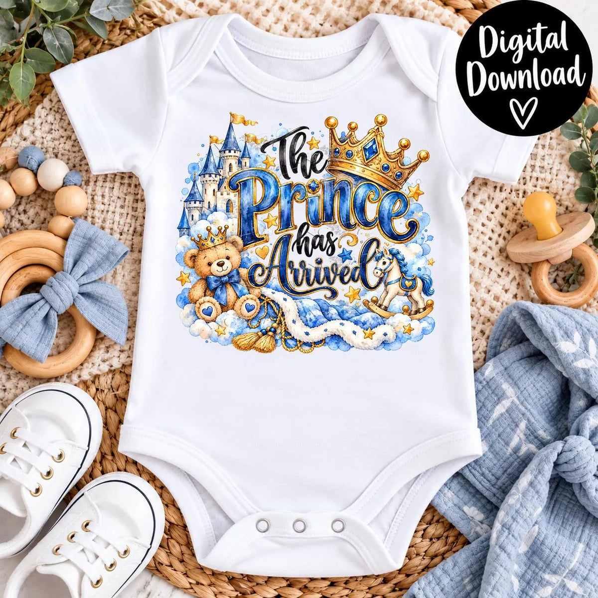 The Prince Has Arrived PNG, Baby Boy Announcement Sublimation, Watercolor Prince PNG, Royal Baby Castle Crown, Newborn Boy Digital Download