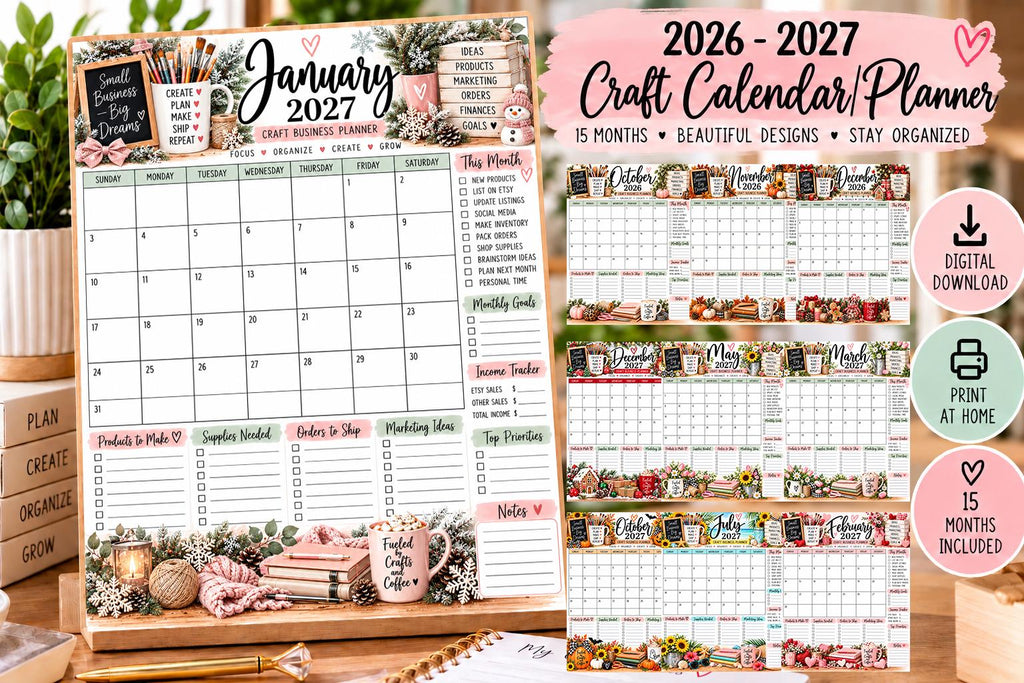 2026-2027 Craft Calendar Planner Printable | Small Business Planner | Etsy Seller Monthly Calendar | Craft Business Organizer PDF