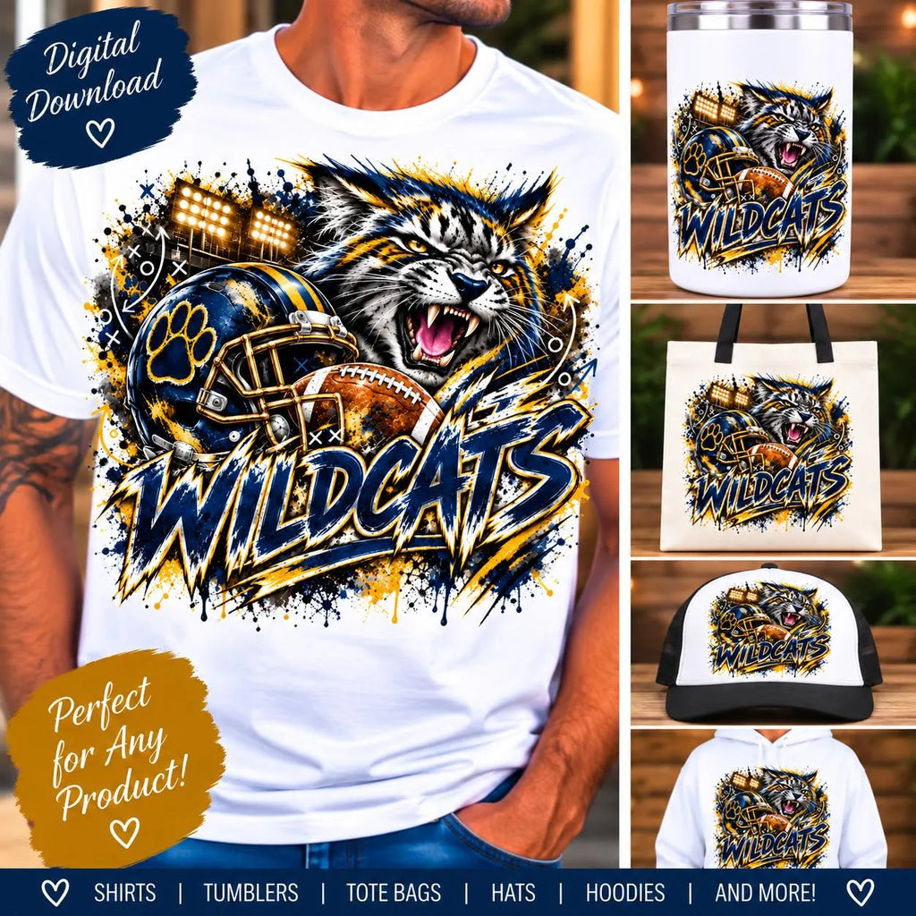 Wildcats Football PNG, Wildcat Mascot Sublimation, Navy Gold Football PNG, Game Day Shirt Design, School Spirit Digital Download