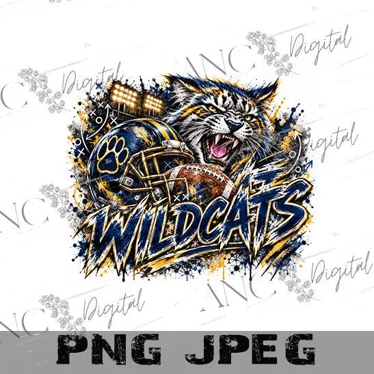 Wildcats Football PNG, Wildcat Mascot Sublimation, Navy Gold Football PNG, Game Day Shirt Design, School Spirit Digital Download