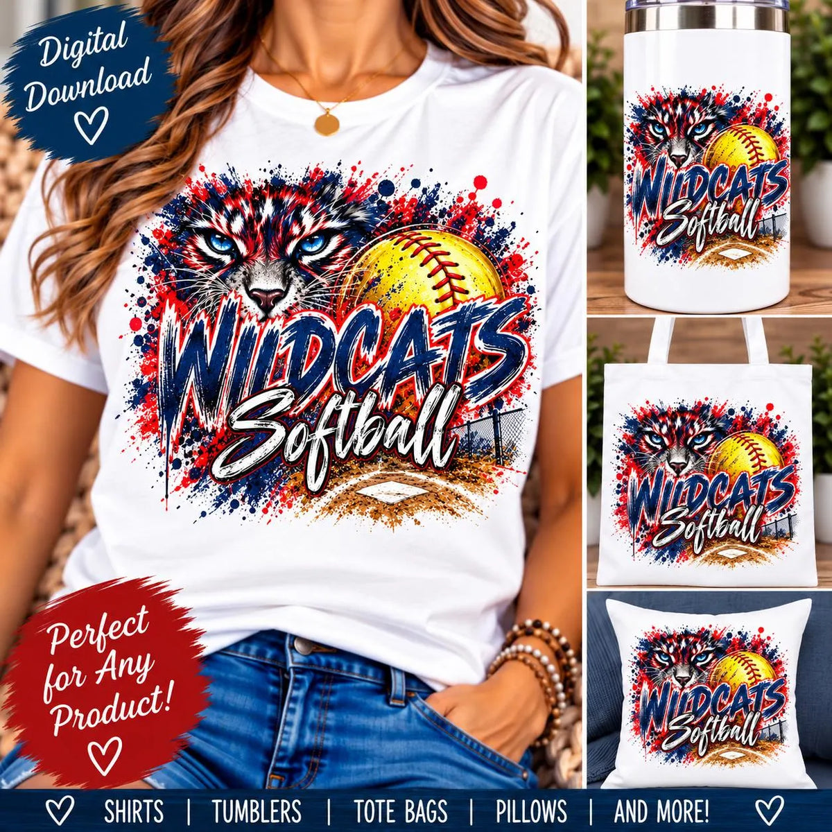 Wildcats Softball PNG, Wildcats Sublimation Design, Softball Mom PNG, Wildcat Mascot PNG, Team Spirit Digital Download