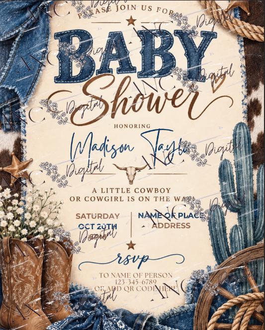 Western Denim Baby Shower Printable, Western Baby Shower Invitation Bundle, Invitation, Rustic Western Baby Shower download. Canva Editable