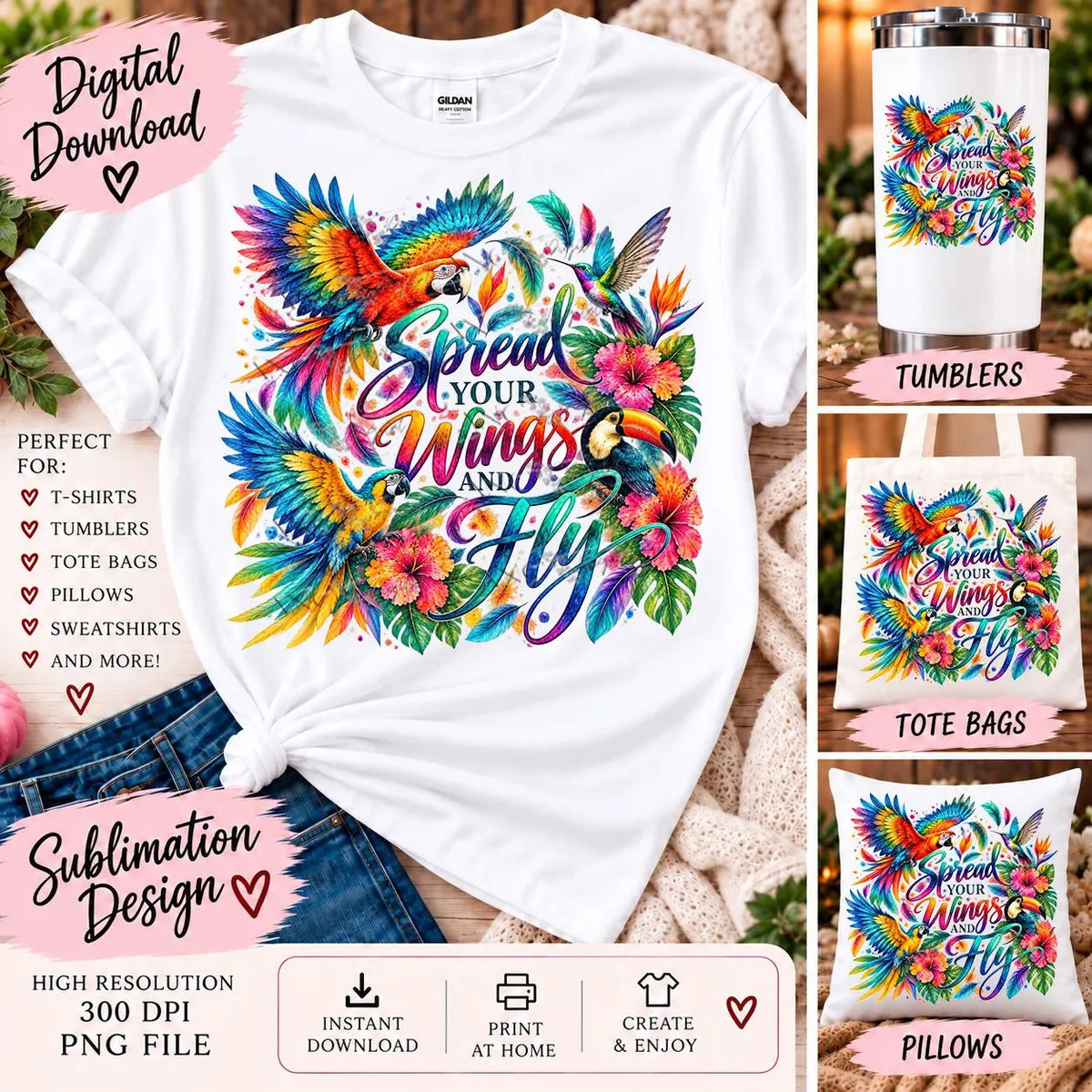 Exotic Birds Sublimation PNG, Spread Your Wings and Fly, Tropical Bird Design, Colorful Macaw Toucan Hummingbird