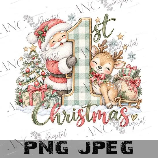Baby’s 1st Christmas Sublimation PNG, Santa Reindeer Christmas Design, Pastel Pencil Sketch, First Christmas PNG, Holiday Digital Download