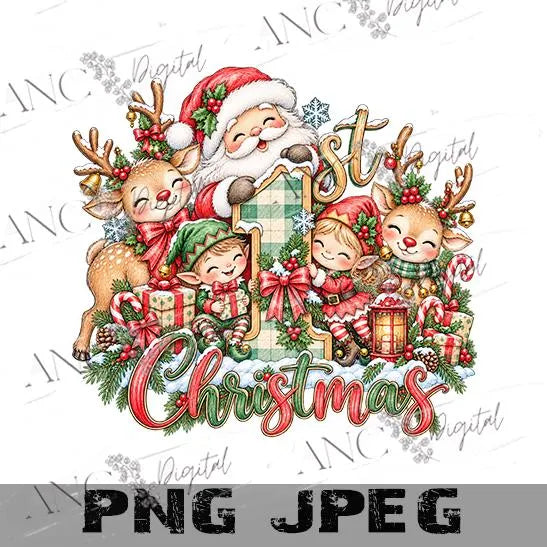 Baby’s 1st Christmas Sublimation PNG, Santa Reindeer Christmas Design, Pastel Pencil Sketch, First Christmas PNG, Holiday Digital