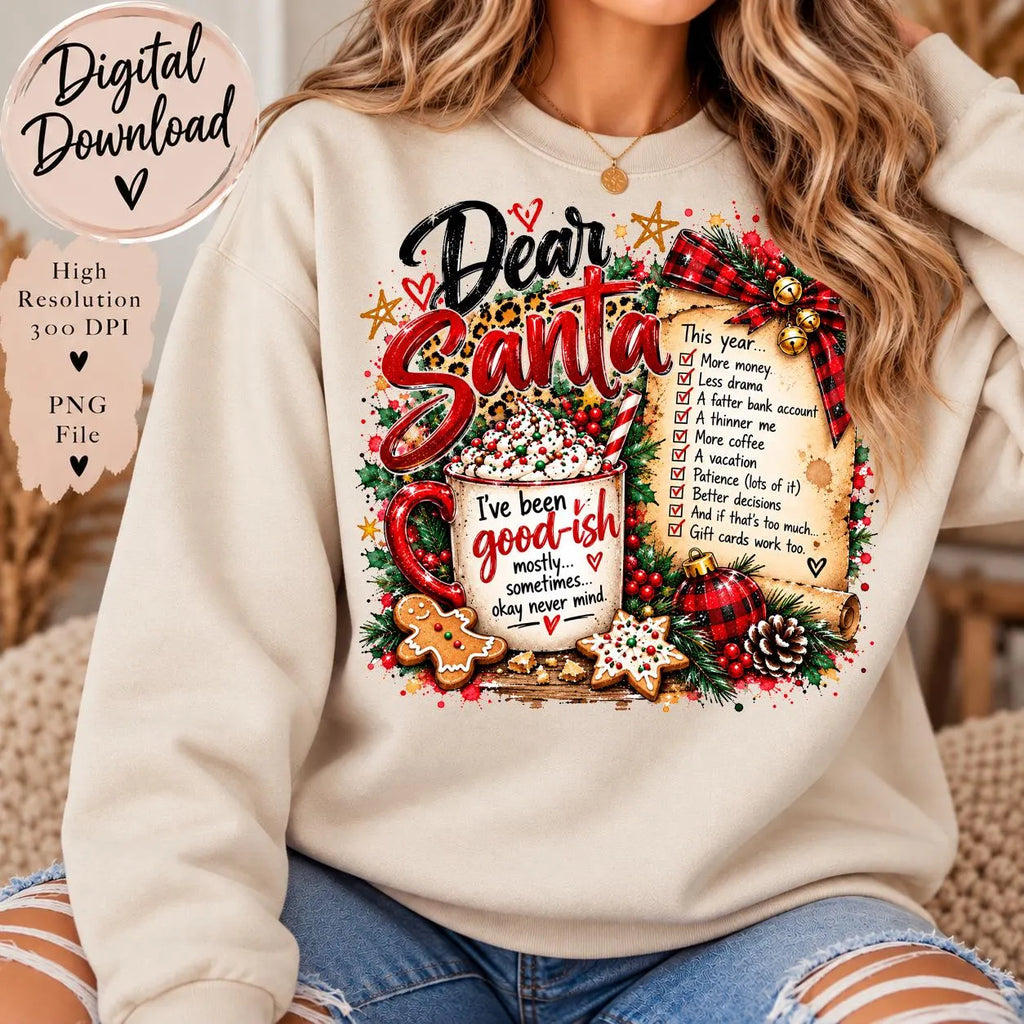 Dear Santa Christmas PNG, Funny Santa Wish List Sublimation Design, Good-ish Christmas PNG, Buffalo Plaid Holiday Digital Download