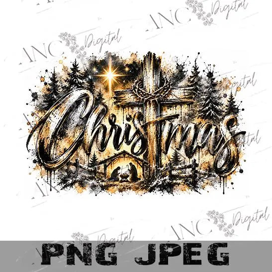 Christmas Cross PNG, Christian Christmas Sublimation Design, Nativity PNG, Religious Christmas Digital Download, Grunge Christmas PNG