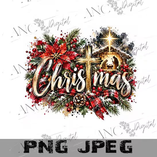 Christmas Cross PNG, Christian Christmas Sublimation PNG, Nativity Christmas Design, Poinsettia PNG, Religious Holiday Digital Download