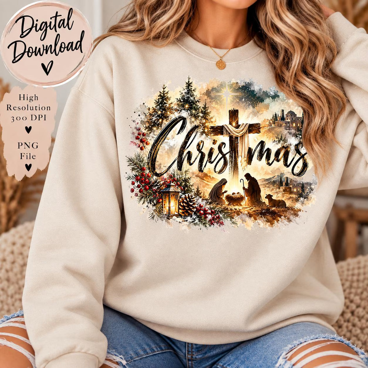 Christian Christmas PNG, Nativity Christmas Sublimation, Christmas Cross PNG, Religious Holiday Design, Jesus Christmas Digital Download