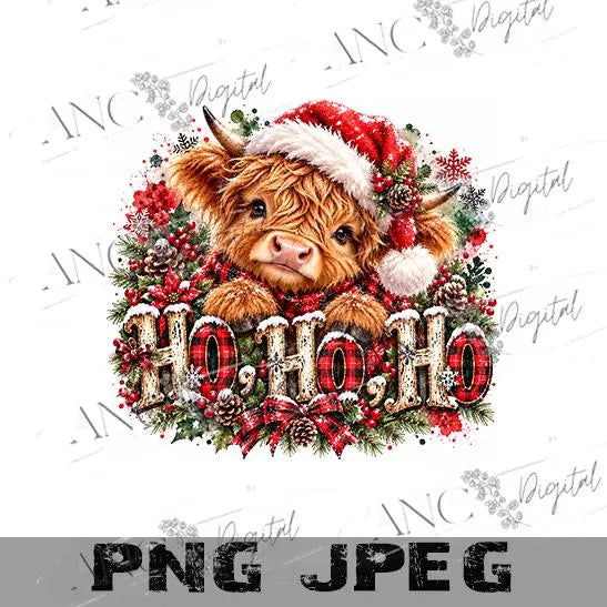 Highland Cow Christmas PNG, Ho Ho Ho Cow Sublimation Design, Cute Santa Highland Cow PNG, Christmas Cow Digital Download