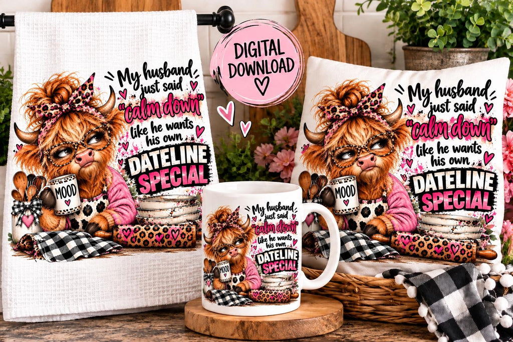 Funny Husband Kitchen PNG, Calm Down Dateline Special, Highland Cow Sublimation, Sarcastic Wife Kitchen Towel Design, Digital Download