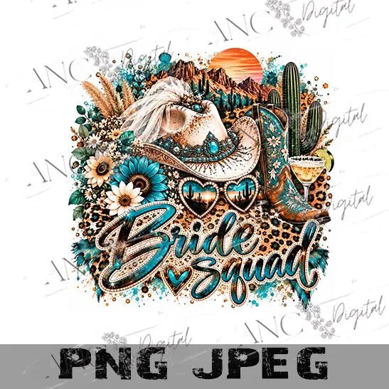 Western Bride & Bride Squad PNG Bundle, Cowgirl Bachelorette Sublimation Design, Turquoise Bridal Party Digital Download