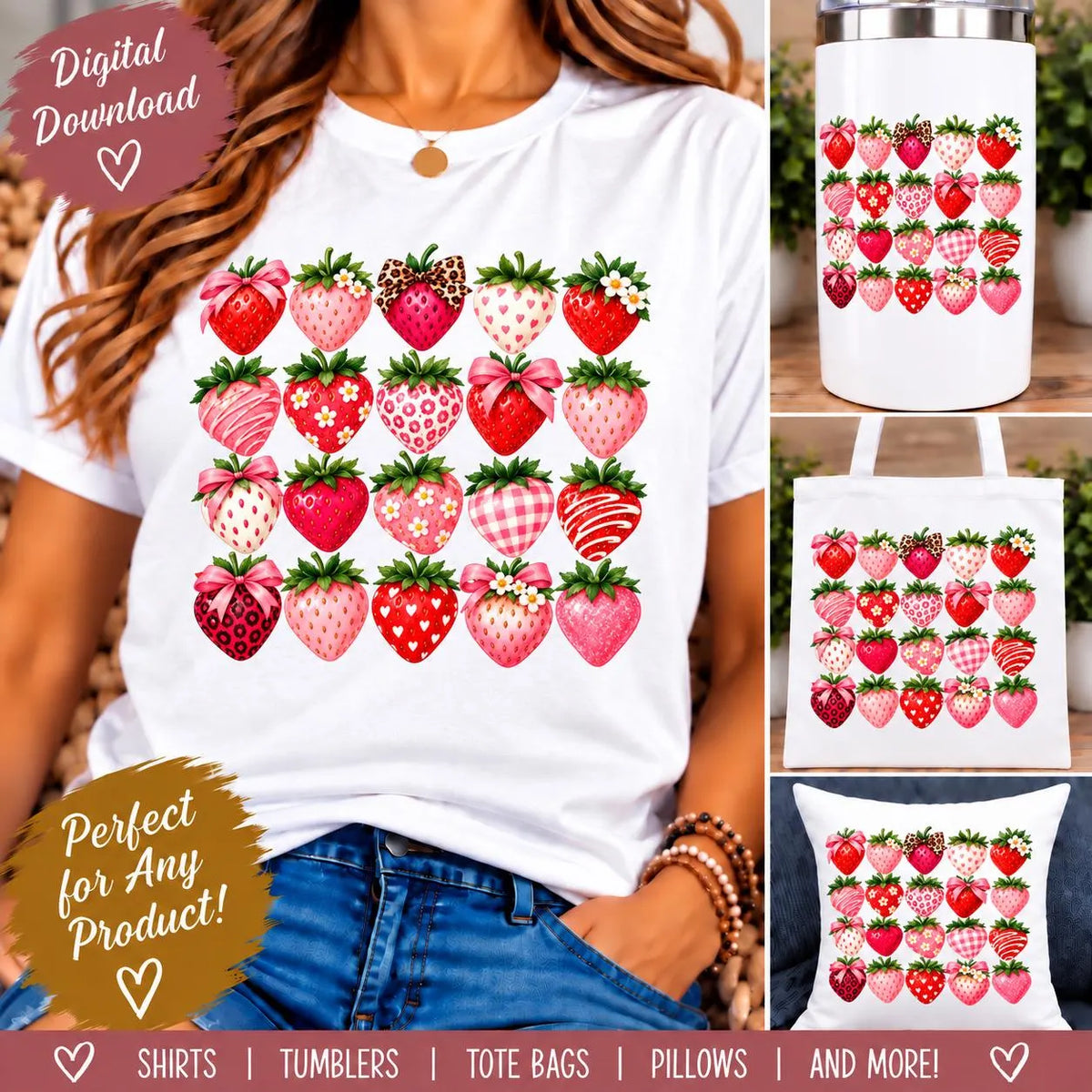 Cute Strawberry PNG Bundle, Strawberry Sublimation Design, Pink Strawberry PNG, Coquette Strawberry Digital Download, Summer Fruit PNG