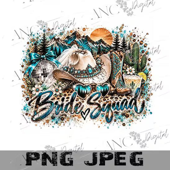 Western Bride & Bride Squad Sublimation PNG Bundle, Cowgirl Bachelorette Shirt Design, Turquoise Bridal Party Digital Download