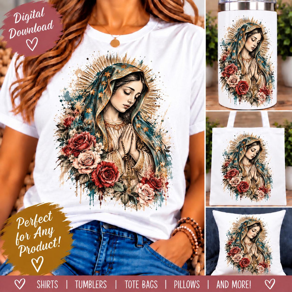 Virgin Mary Sublimation PNG, Our Lady Religious Design, Catholic Faith PNG, Virgen Maria Floral Digital Download, Christian Shirt PNG