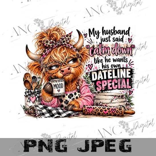 Funny Husband Kitchen PNG, Calm Down Dateline Special, Highland Cow Sublimation, Sarcastic Wife Kitchen Towel Design, Digital Download
