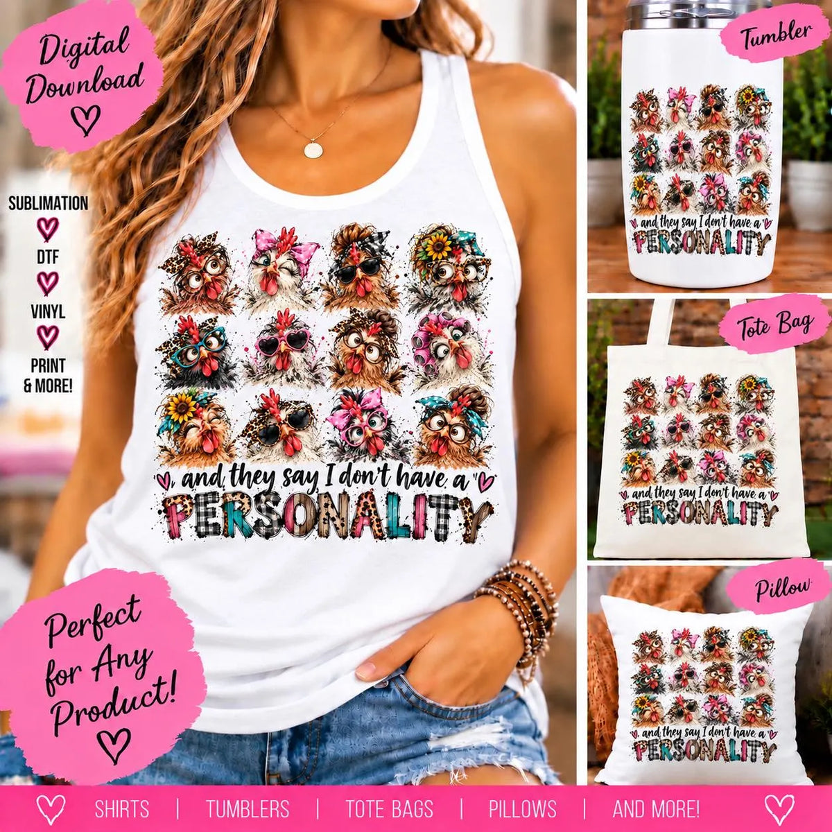 Funny Chicken Sublimation PNG, Chicken Personality Design, Farmhouse Chicken PNG, Sassy Hen Digital Download, Chicken Lover Shirt Design