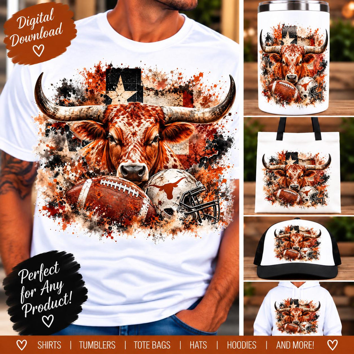 Texas Longhorn Football PNG, Burnt Orange Football Sublimation Design, Texas Bull Digital Download, Longhorn Game Day PNG