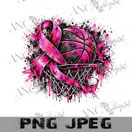 Basketball Breast Cancer Awareness PNG, Pink Ribbon Basketball Sublimation Design, Grunge Sports PNG, October Pink Digital Download
