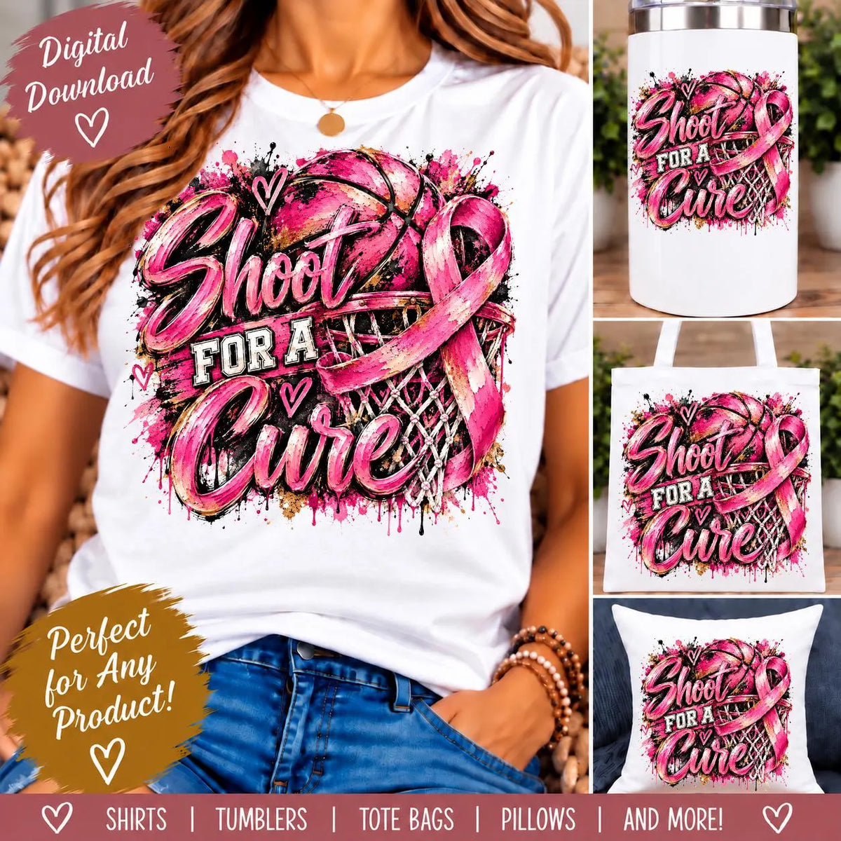 Shoot for a Cure Basketball PNG, Breast Cancer Awareness PNG, Pink Ribbon Basketball Sublimation, October Sports Digital Download