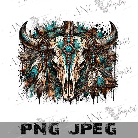 Western Cow Skull PNG, Turquoise Bull Skull Sublimation, Rodeo Western PNG, Grunge Cow Skull Digital Download