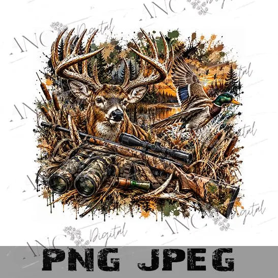 Hunting PNG, Deer Duck Hunting Sublimation, Buck Mallard Hunter PNG, Rifle Binoculars Hunting Design, Outdoors Digital Download