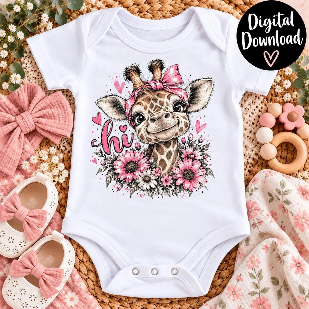 Cute Giraffe Sublimation PNG, Hi Giraffe Digital Download, Pink Floral Giraffe Design, Pencil Sketch PNG, Baby Giraffe Shirt Graphic