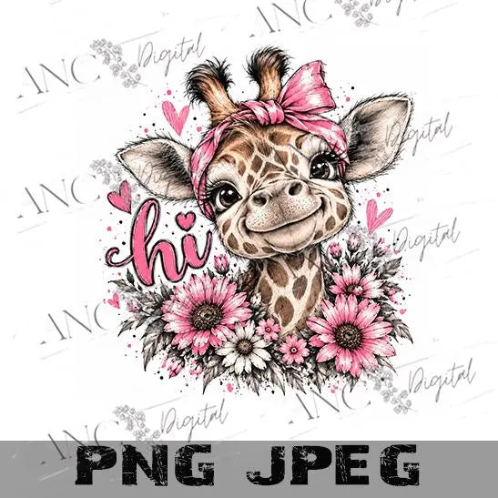 Cute Giraffe Sublimation PNG, Hi Giraffe Digital Download, Pink Floral Giraffe Design, Pencil Sketch PNG, Baby Giraffe Shirt Graphic
