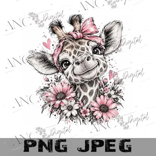 Cute Giraffe Sublimation PNG, Giraffe Digital Download, Pink Floral Giraffe Design, Pencil Sketch PNG, Baby Giraffe Shirt Graphic