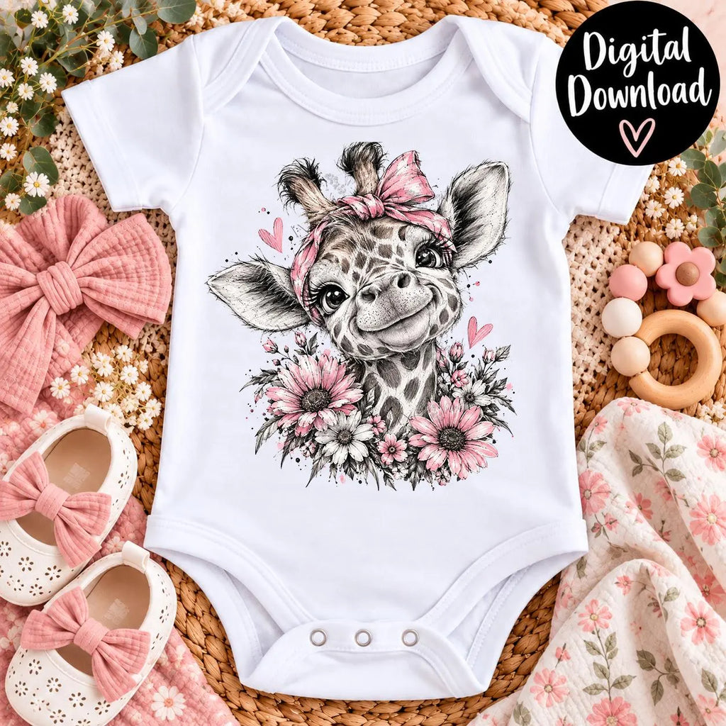 Cute Giraffe Sublimation PNG, Giraffe Digital Download, Pink Floral Giraffe Design, Pencil Sketch PNG, Baby Giraffe Shirt Graphic